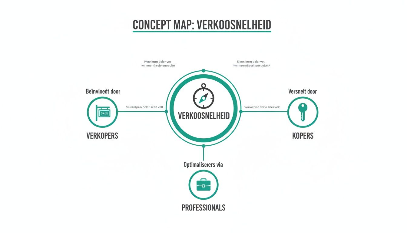 Conceptmap over verkoopnelheid, beïnvloed door verkopers, versneld door kopers, en geoptimaliseerd via professionals.