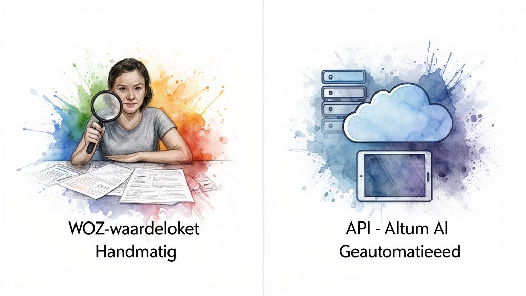 Een vergelijking tussen handmatige WOZ-waardebepaling door een persoon en geautomatiseerde waardebepaling via API met cloud en AI.
