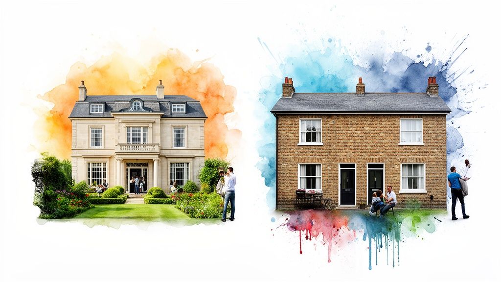 Twee huizen, een luxe villa en een bakstenen huis, met mensen en aquarelspatten, symboliseren woningmarktcontrasten.