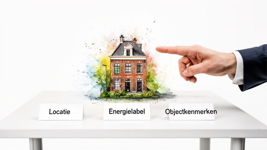 Hand wijst naar geschilderd huis met labels voor locatie, energielabel en objectkenmerken, factoren voor woningwaarde.