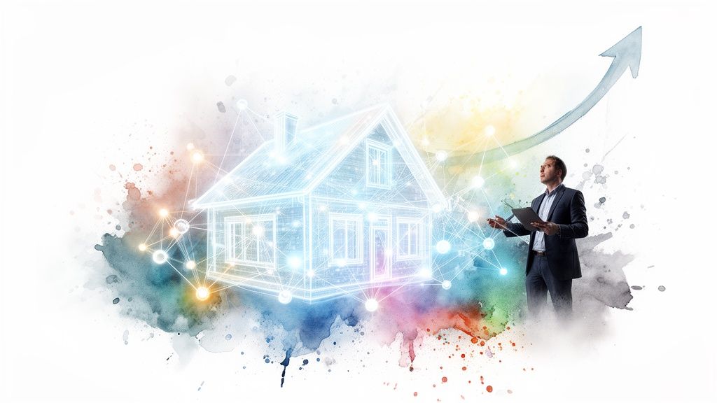 Man in pak met tablet kijkt naar lichtgevend huis met netwerk en opwaartse pijl, symboliseert woningwaardeberekening en groei.