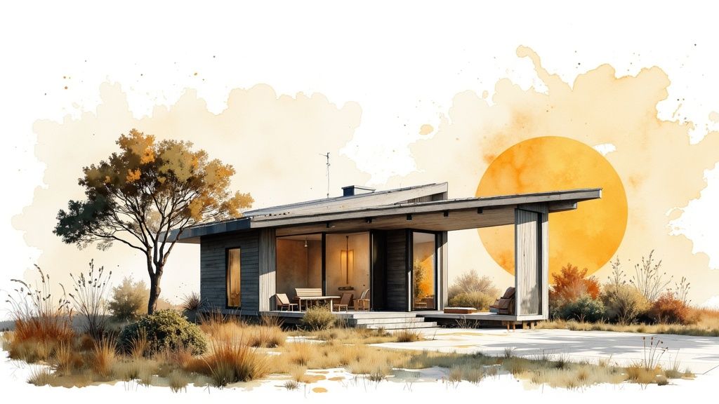 Een moderne woning in aquarel, met een schuin dak, grote ramen, een boom en een oranje zon.