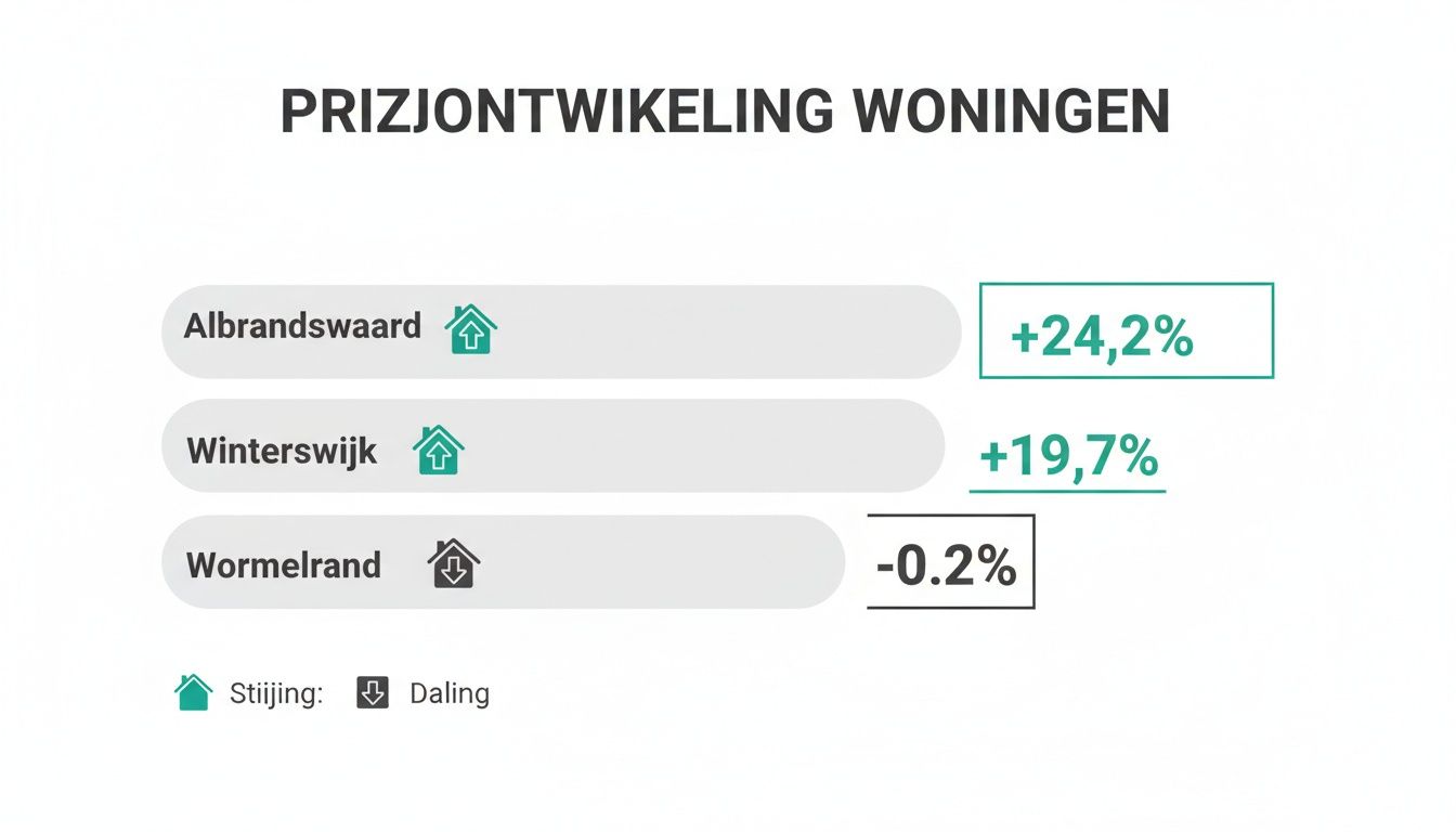 Infographic toont prijsontwikkeling van woningen in Albrandswaard (+24,2%), Winterswijk (+19,7%) en Wormerland (-0,2%).
