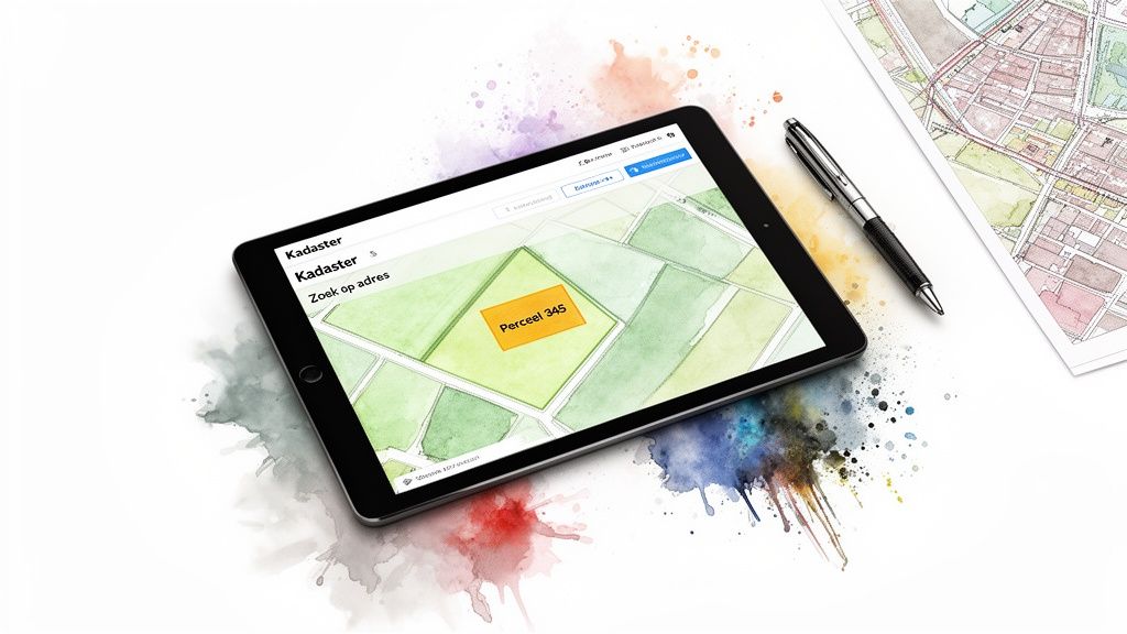 Tablet toont Kadaster-app met kaart van percelen, inclusief 'Perceel 345'. Een pen en papieren kaart liggen ernaast.