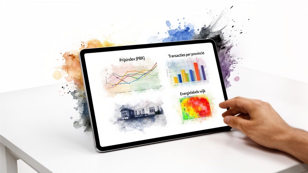 Een hand tikt op een tablet met grafieken over de huizenmarkt, inclusief prijsindex en energielabels.