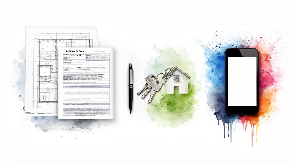 Vastgoedconcept: bouwplannen, contract, pen, huissleutels en smartphone met kleurrijke spatten.