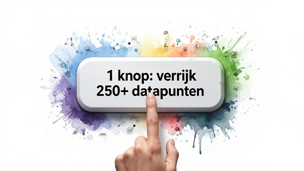 Vinger wijst naar knop met tekst '1 knop: verrijk 250+ datapunten' op kleurrijke aquarel achtergrond.