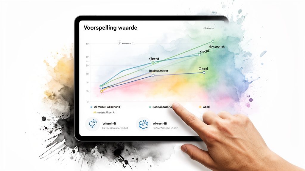 Een hand bedient een tablet met een lijngrafiek die voorspellingen toont voor verschillende scenario's, zoals 'Slecht' en 'Goed'.