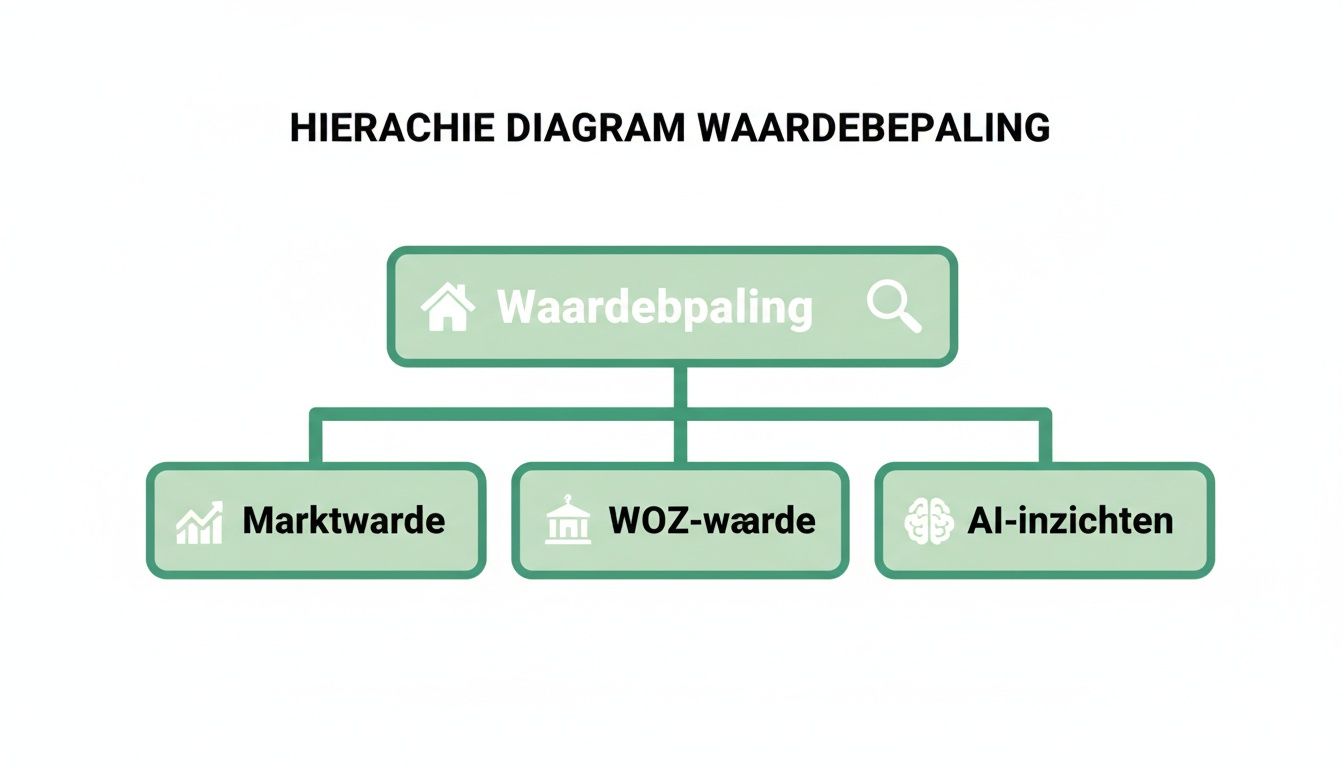 Hierarchie diagram dat de waardebepaling van een huis uitsplitst in marktwaarde, WOZ-waarde en AI-inzichten.
