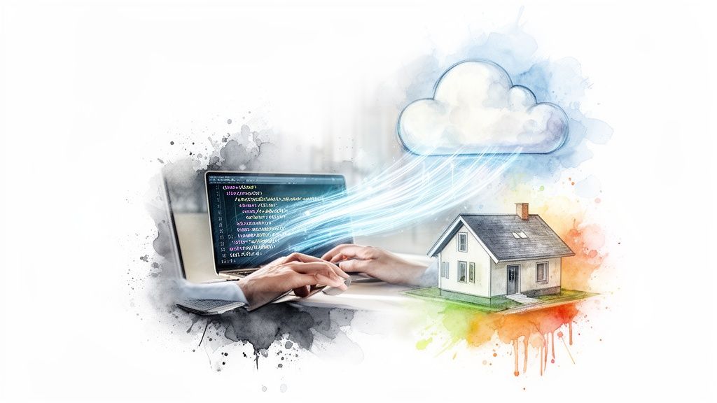 Een persoon programmeert op een laptop, waarbij gegevens naar een wolk en huis stromen, wat smart home of vastgoedtechnologie symboliseert.