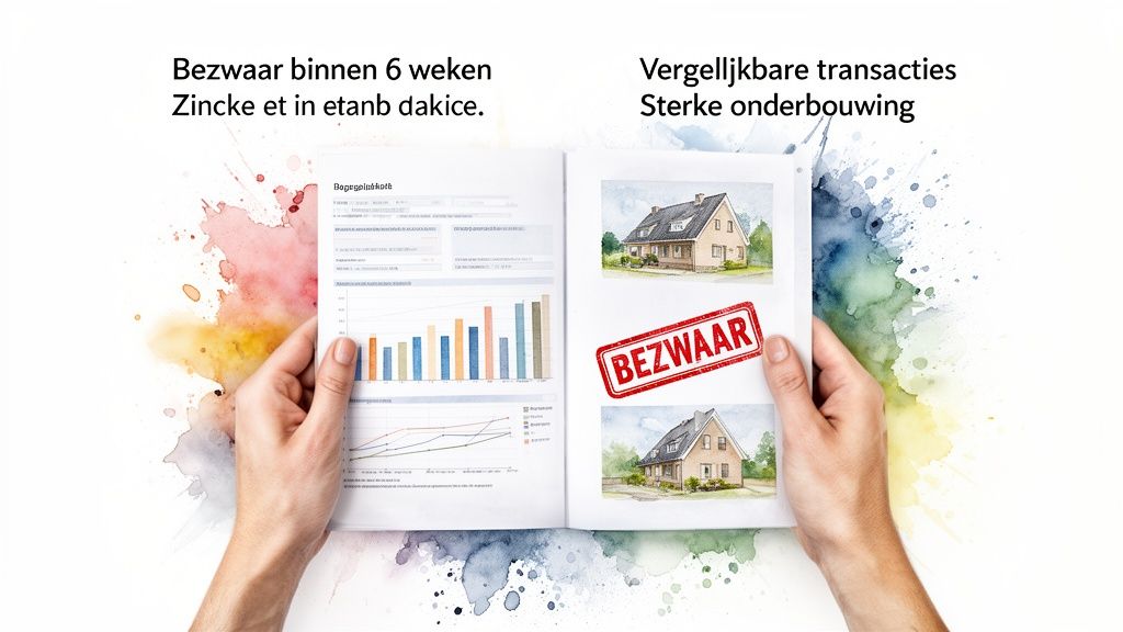 Persoon houdt open brochure met grafieken, huisillustraties en een rode 'Bezwaar'-stempel, omringd door aquarelspatten.