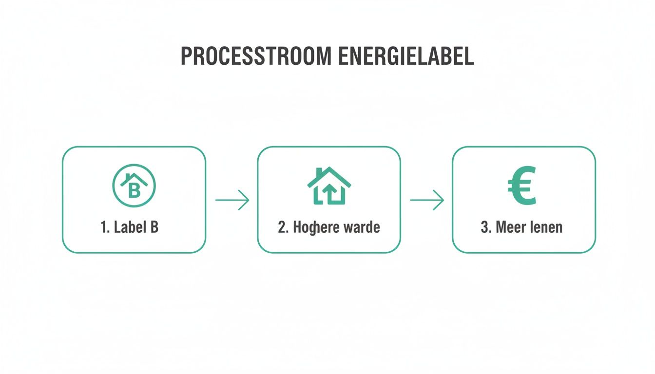Stroomschema van het energielabel B-proces dat leidt tot hogere waarde en meer leenmogelijkheden.