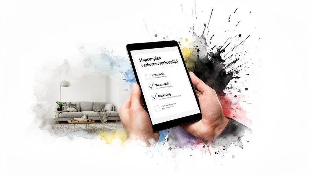 Afbeelding van een tablet met een stappenplan om de verkooptijd van een huis te verkorten, gericht op presentatie en marketing.