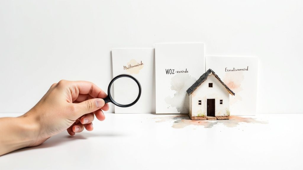 Hand met loep kijkt naar kaarten met 'Marktwaarde', 'WOZ-waarde' en 'Executiewaarde' naast een modelhuis.