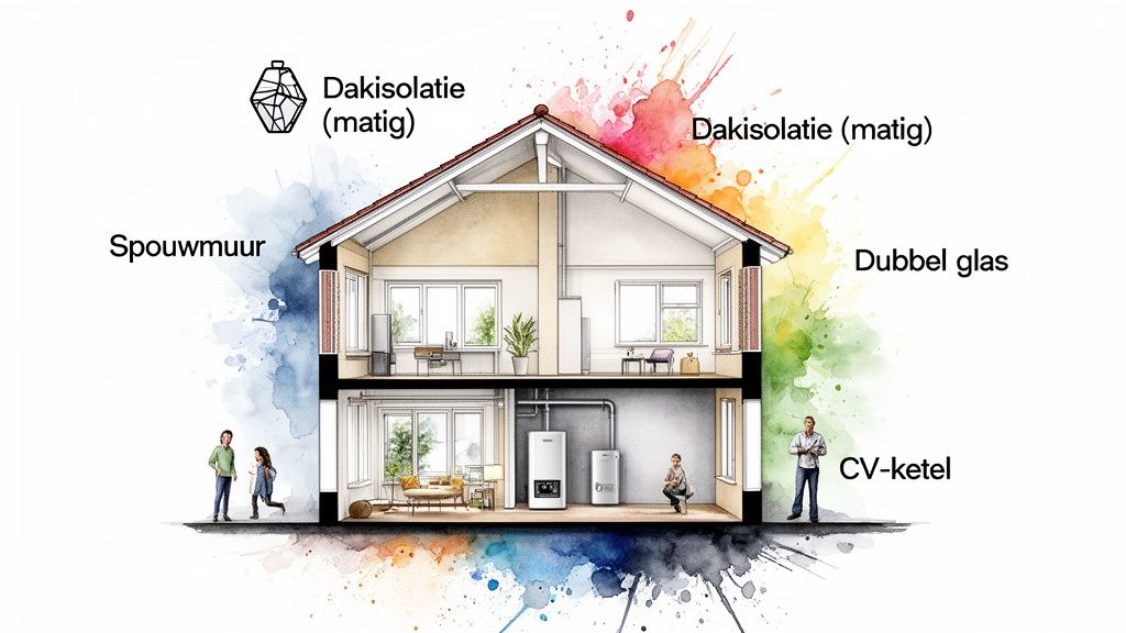 Doorsnede van een huis met isolatiemaatregelen zoals dakisolatie, spouwmuur en dubbel glas, en een CV-ketel.
