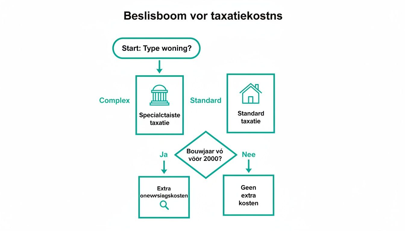 Beslisboom voor taxatiekosten woning, toont keuzes op basis van type woning en bouwjaar, met mogelijke extra kosten.
