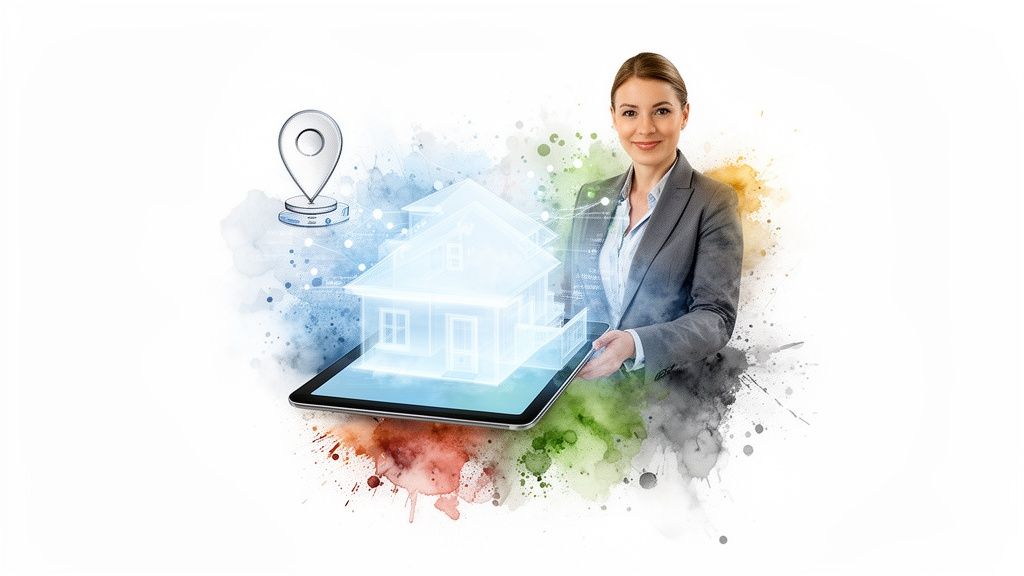 Vriendelijke makelaar toont holografisch huismodel op tablet, met locatiepin en kunstzinnige achtergrond.