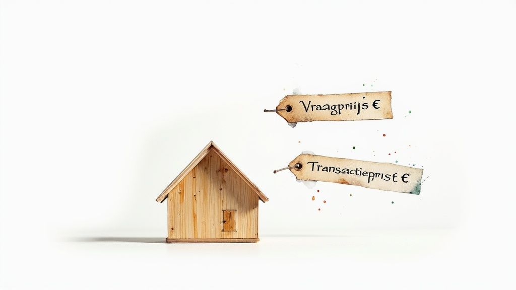 Een houten speelhuisje met twee prijskaartjes 'Vraagprijs €' en 'Transactieprijs €' die de waarde van een woning aangeven.