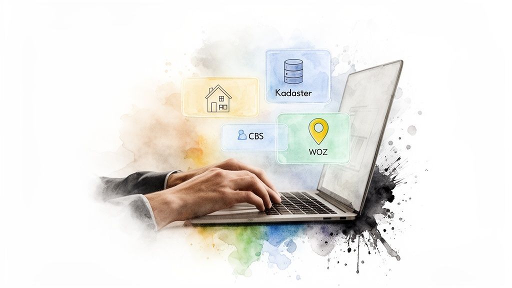 Handen typen op een laptop met bubbels die data van Kadaster, CBS en WOZ weergeven voor vastgoedinformatie.