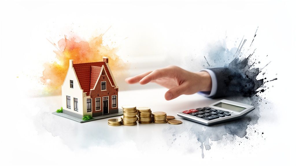 Miniatuurhuis, munten en rekenmachine symboliseren kosten voor wonen, financiën en taxatie.