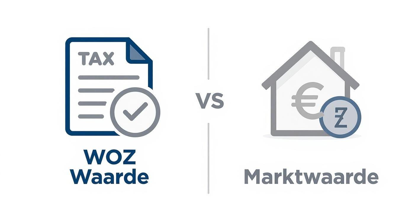 Infographic die het verschil tussen de WOZ-waarde en de marktwaarde laat zien