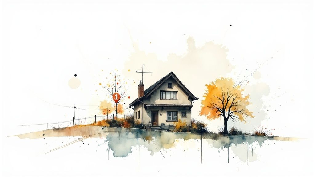 Een aquarel van een schilderachtig huis met twee bomen in herfstkleuren op een witte achtergrond.