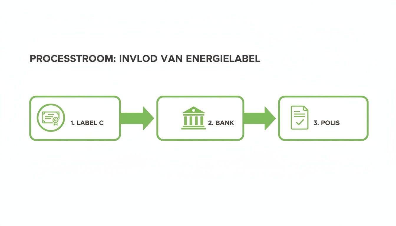 Een stroomschema illustreert de invloed van energielabel C op bankzaken en een polis.