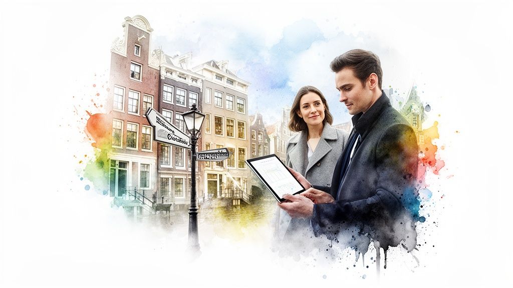 Een man en vrouw kijken naar een tablet met grafieken, tegen een aquarelachtergrond van Amsterdamse grachtenpanden en een straatnaambord.