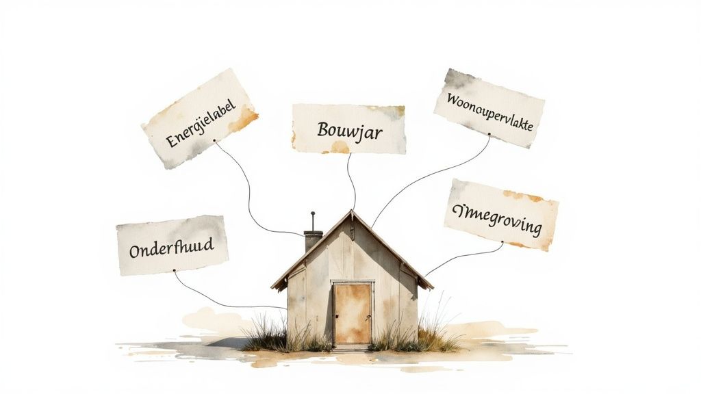 Afbeelding van een huis met labels die belangrijke factoren voor de waardebepaling tonen.