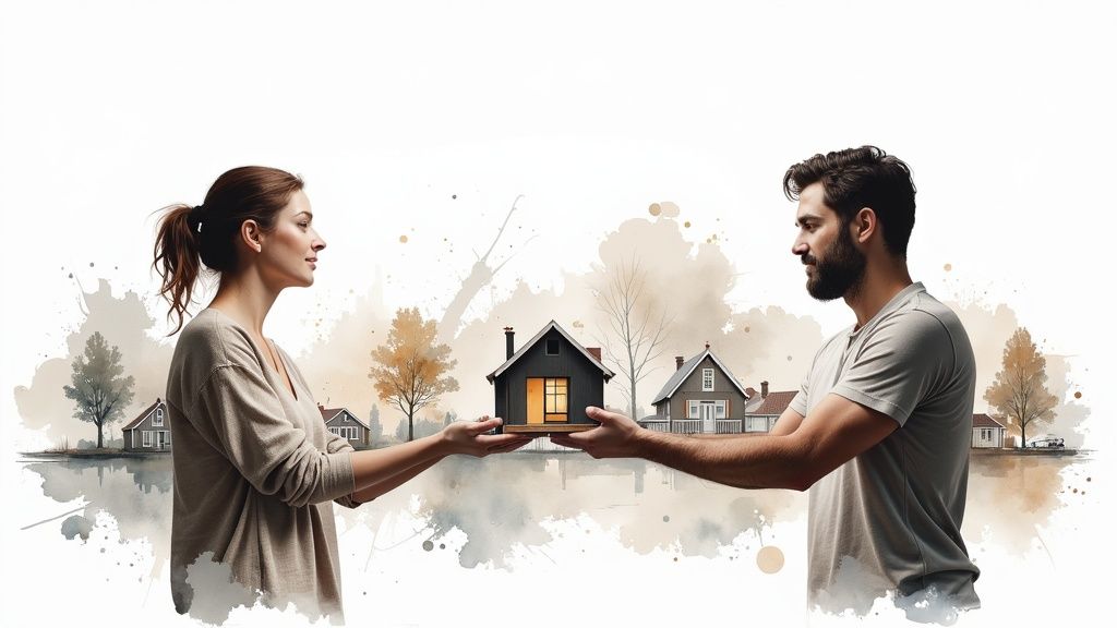 Man en vrouw houden samen een huisje vast tegen een artistieke achtergrond van huizen en bomen.