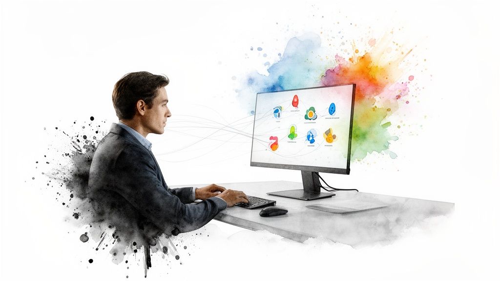 Man in zakelijke kleding werkt aan een computer, omgeven door creatieve waterverf en inktspatten die ideeën symboliseren.