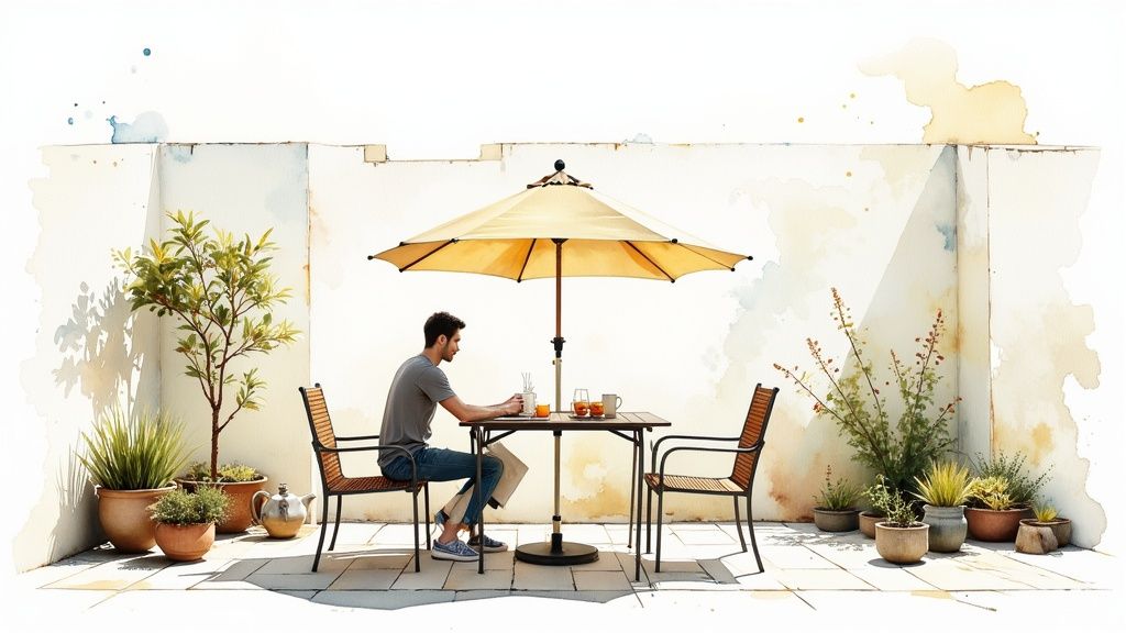 Een man zit aan een buitentafel onder een parasol, omringd door planten, in een aquarelillustratie.