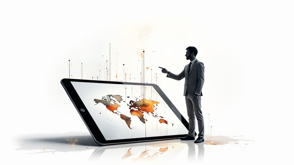 Man in pak wijst naar een tablet met wereldkaart en stijgende datapunten, symboliseert globale analyse.