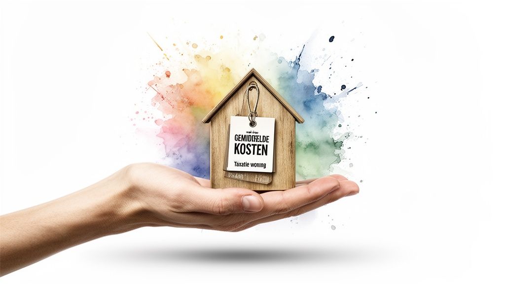 Een hand houdt een houten huisje vast met een label 'Gemiddelde kosten taxatie woning', omgeven door kleurrijke waterverfspatten.