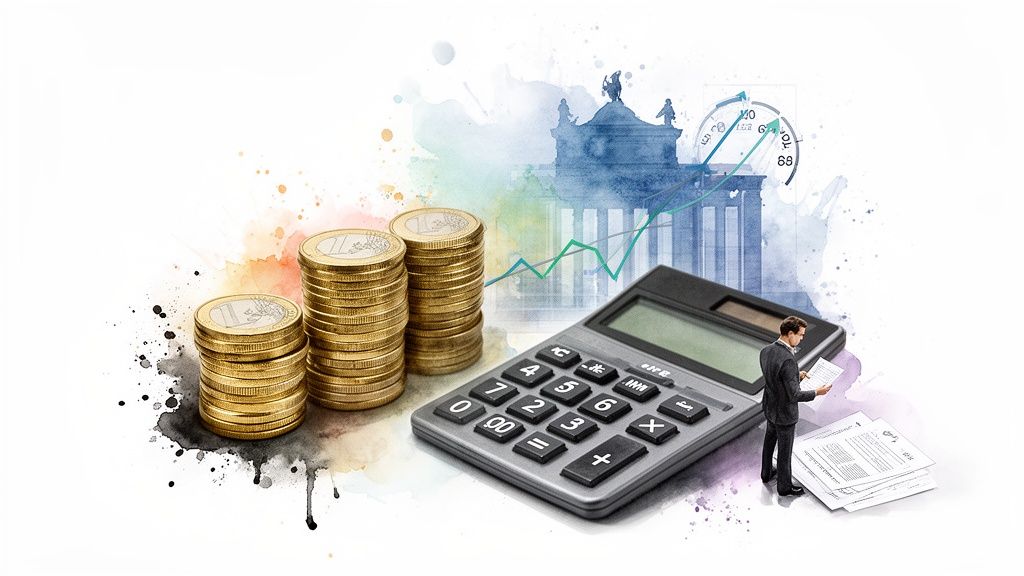 Geldzaken: euromunten, rekenmachine, zakenman en grafieken, symbool voor financiële planning en economie.