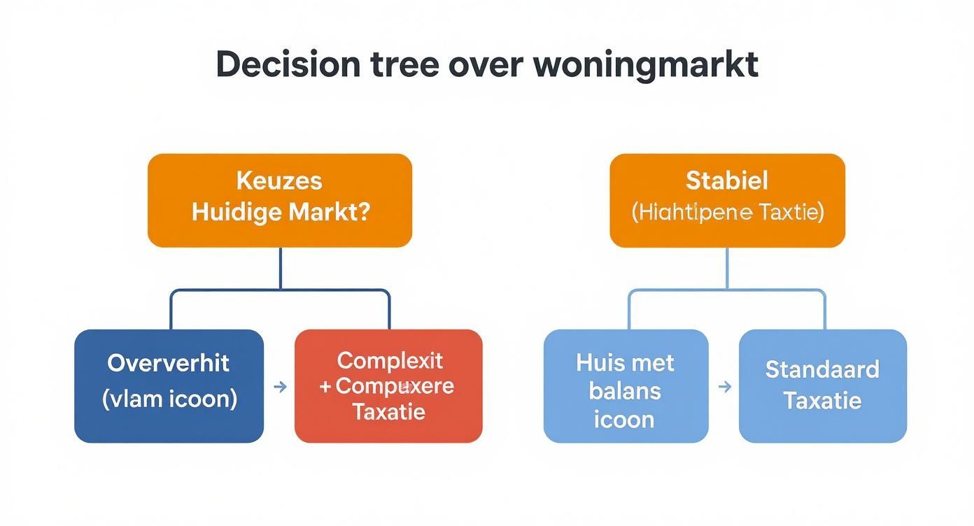 Decision tree over de woningmarkt met keuzes voor oververhitte of stabiele markten en bijbehorende taxaties.
