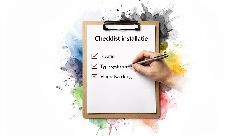Hand vinkt punten af op een installatiechecklist voor vloerverwarming met isolatie en vloerafwerking.