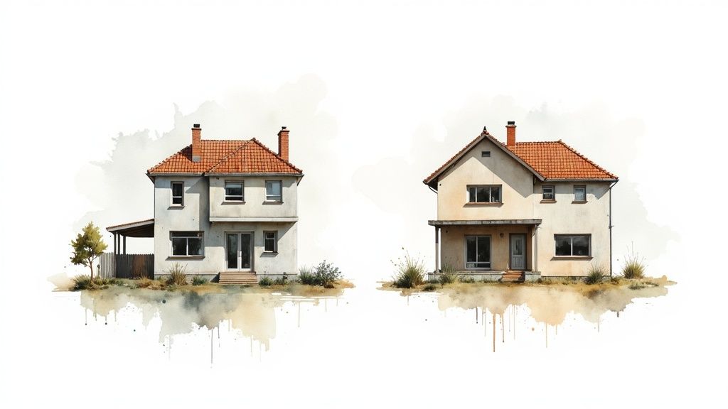 Twee geschilderde huizen in aquarel, een links met overkapping en een rechts, beide met oranje daken en witte muren.