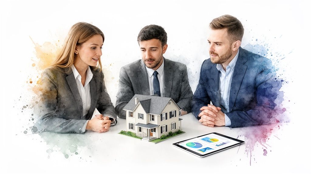 Drie mensen bespreken de waarde van een woning met een huismodel en tablet vol grafieken.