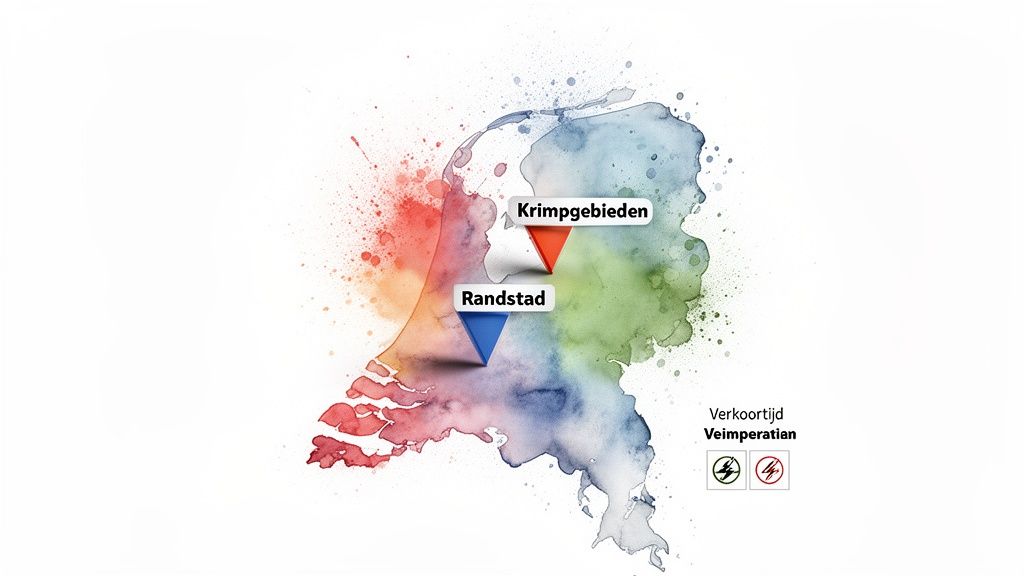 Waterverfkaart van Nederland toont 'Krimpgebieden' (rood) en 'Randstad' (blauw), met symbolen voor verkooptijd.
