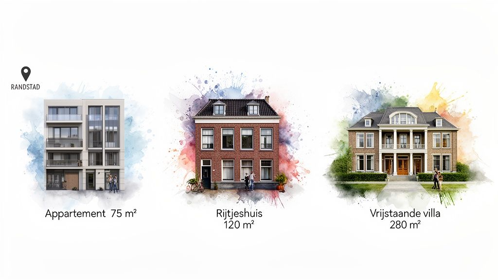 Afbeelding toont drie typen woningen in de Randstad: een appartement (75m²), een rijtjeshuis (120m²) en een vrijstaande villa (280m²).
