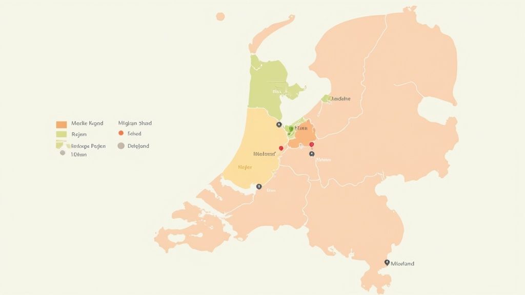 Een kaart van Nederland met verschillende regio's uitgelicht, wat de regionale verschillen op de woningmarkt symboliseert