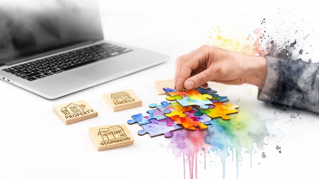 Persoon legt kleurrijke puzzelstukjes in elkaar naast houten blokken met 'PROPERTY', 'ENERGY' en 'NEIGHBORHOOD', met laptop.
