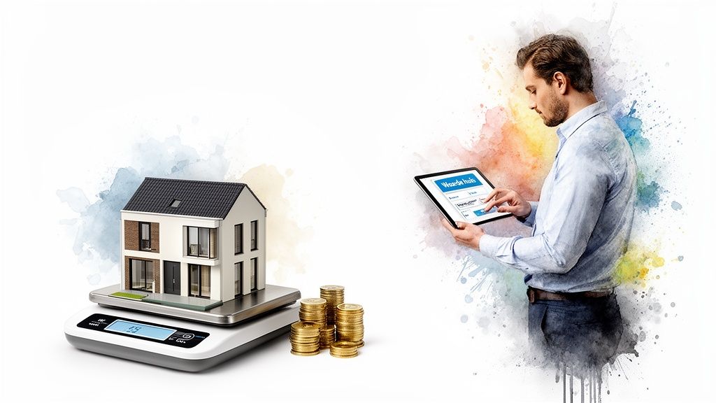 Man berekent online de waarde van een huis, afgebeeld met een huismodel op een weegschaal en stapels munten.