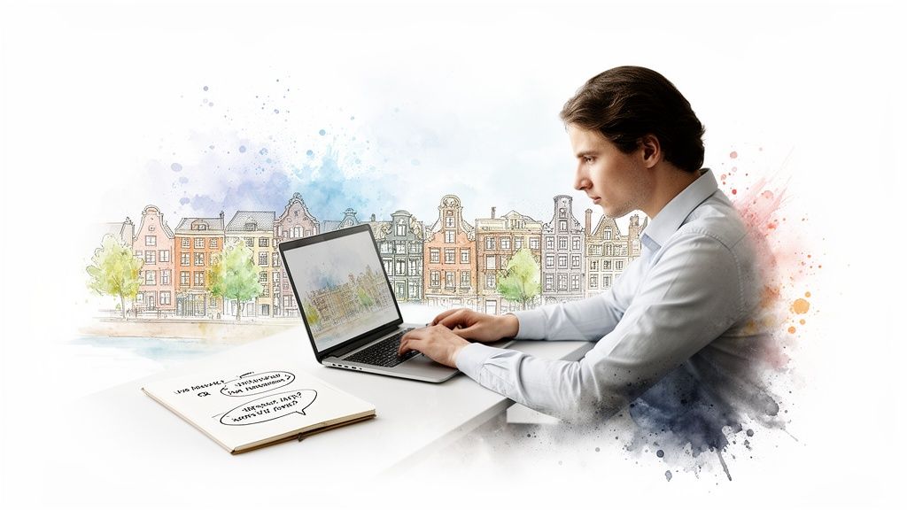 Man werkt op laptop met waterverf van Amsterdamse grachtenpanden en een notitieboek op tafel.