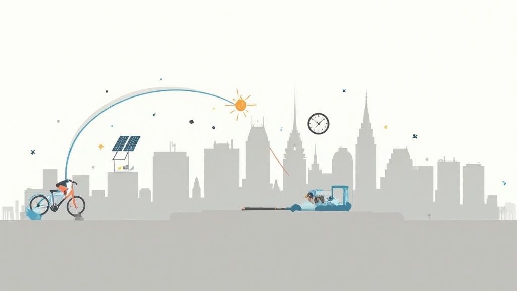 Duurzame stadsplanning met zonnepanelen, fiets en openbaar vervoer in moderne stad