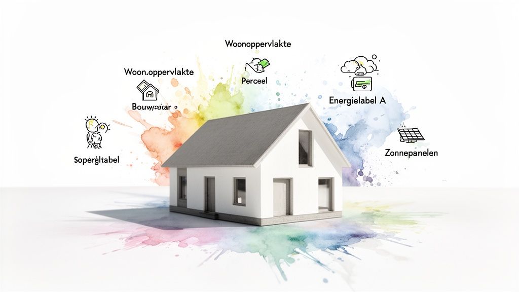 3D-model van een huis met pictogrammen voor woonoppervlakte, bouwjaar, perceel, energielabel en zonnepanelen.