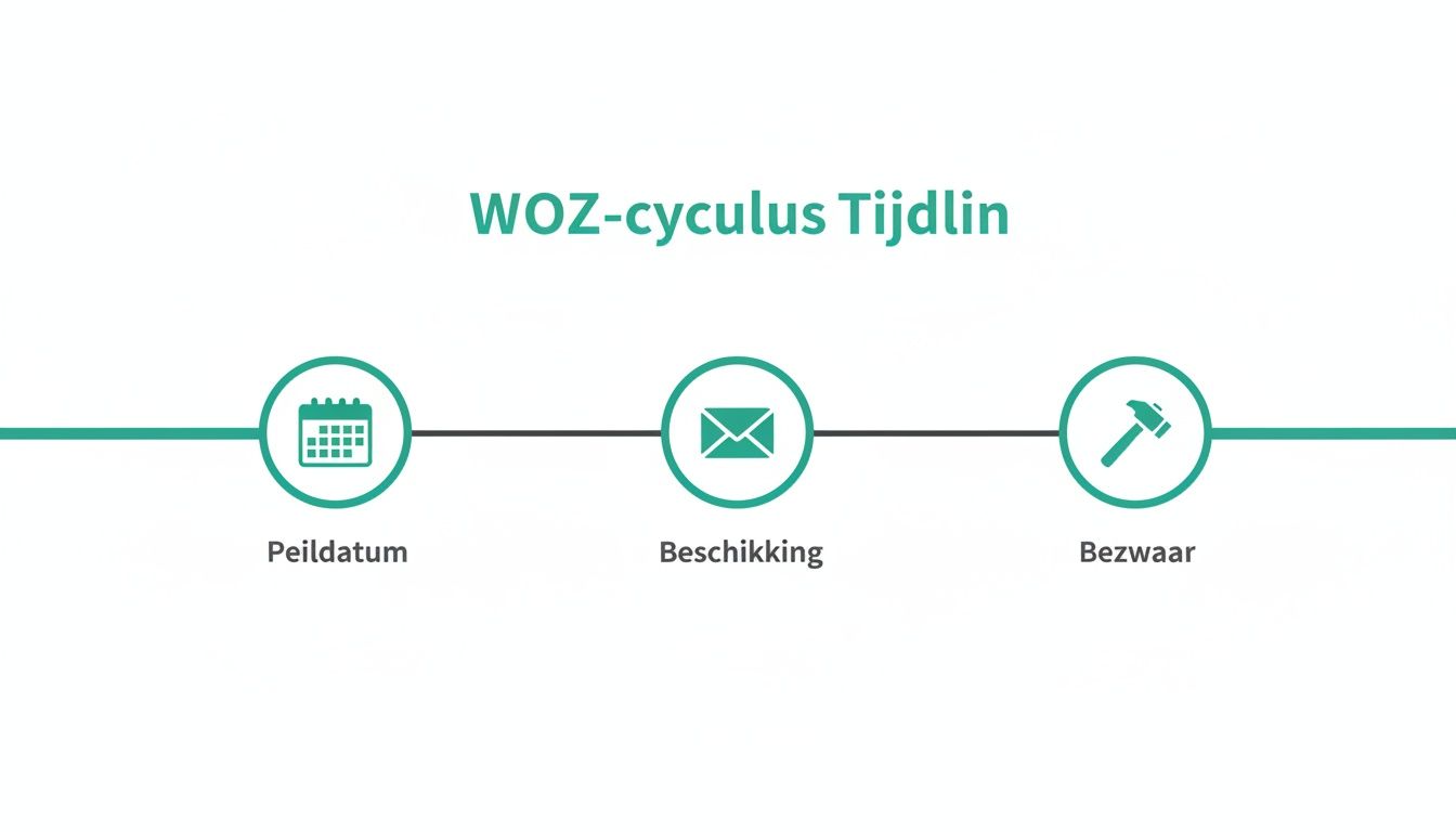 Tijdlijn van de WOZ-cyclus met iconen voor Peildatum, Beschikking en Bezwaar, gesymboliseerd door een kalender, envelop en hamer.