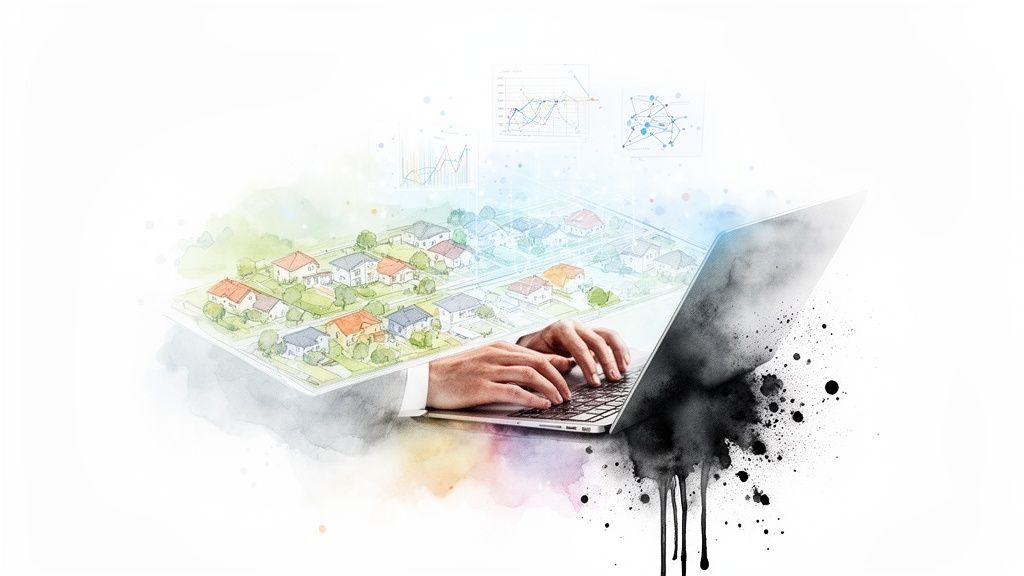 Handen typen op een laptop waaruit een buurt met huizen en grafieken verschijnt, in aquarel stijl.