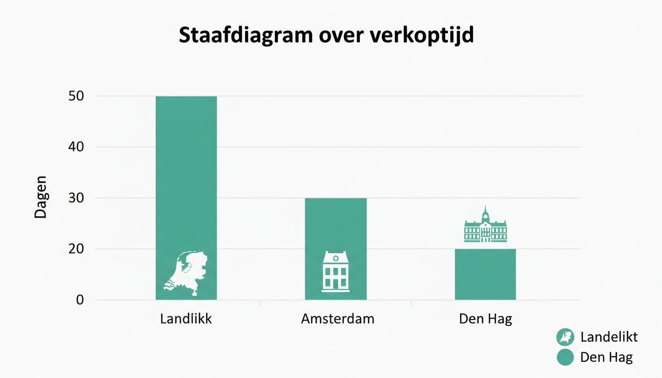Staafdiagram over verkooptijd van huizen in dagen voor Landelijkk, Amsterdam en Den Haag.